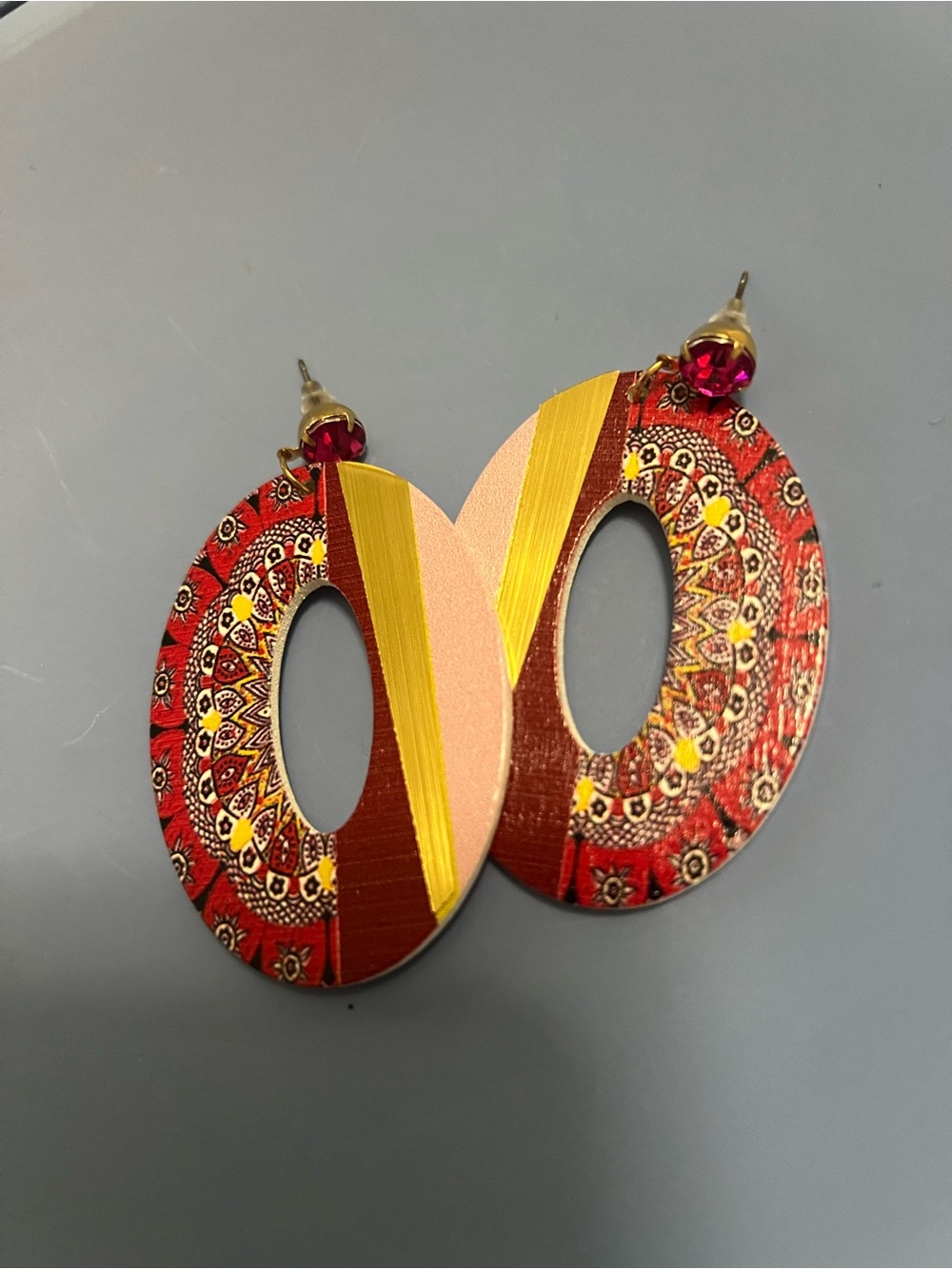 Red Mandala Oval Drop Earrings with Gold Accent